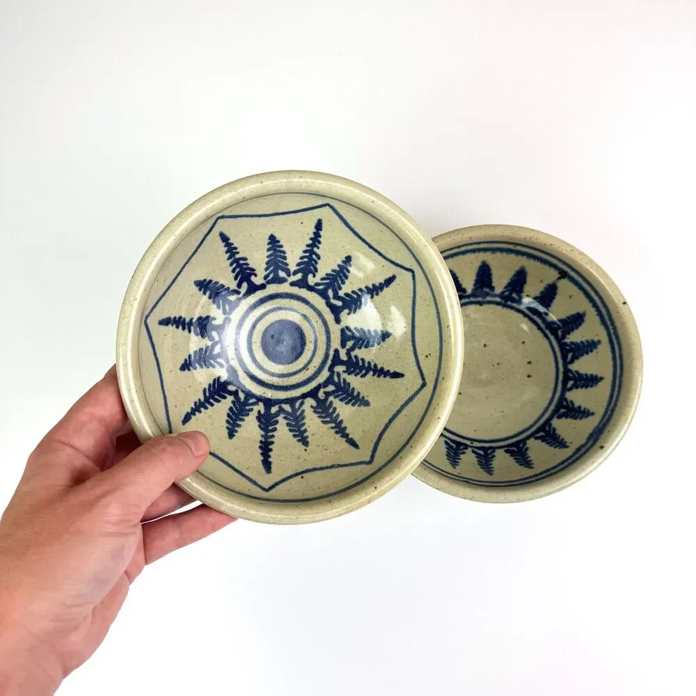 Vintage Studio Pottery Evergreen Fir Tree Bowls / Set of 2 / Folk Art Stoneware